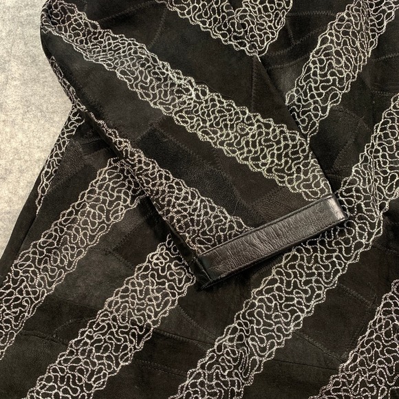 Leather Band‎ Collar Womens 1X Silver Embroidery Mid Length Coat - Picture 4 of 8